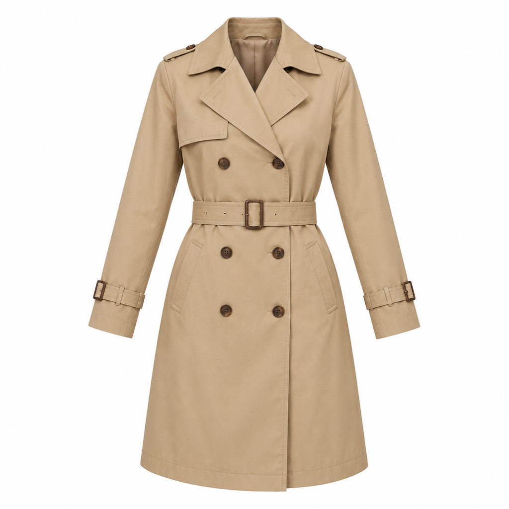 Beige Cotton Blend Belted Trench Coat - front view