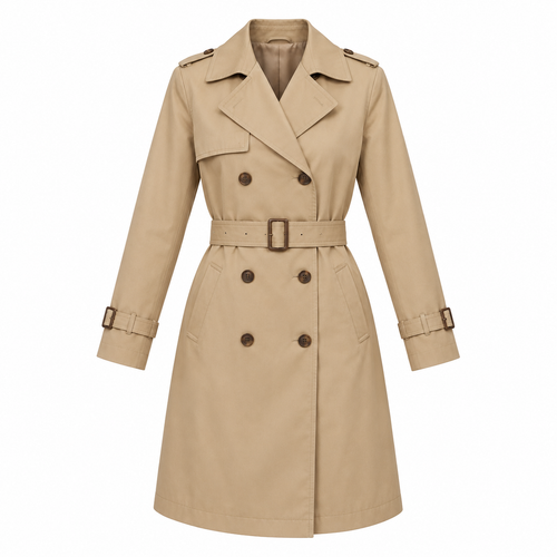 Beige Cotton Blend Belted Trench Coat - front view