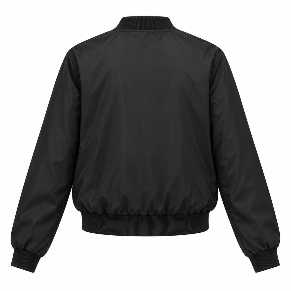 Black Nylon Zip Bomber Jacket - back view