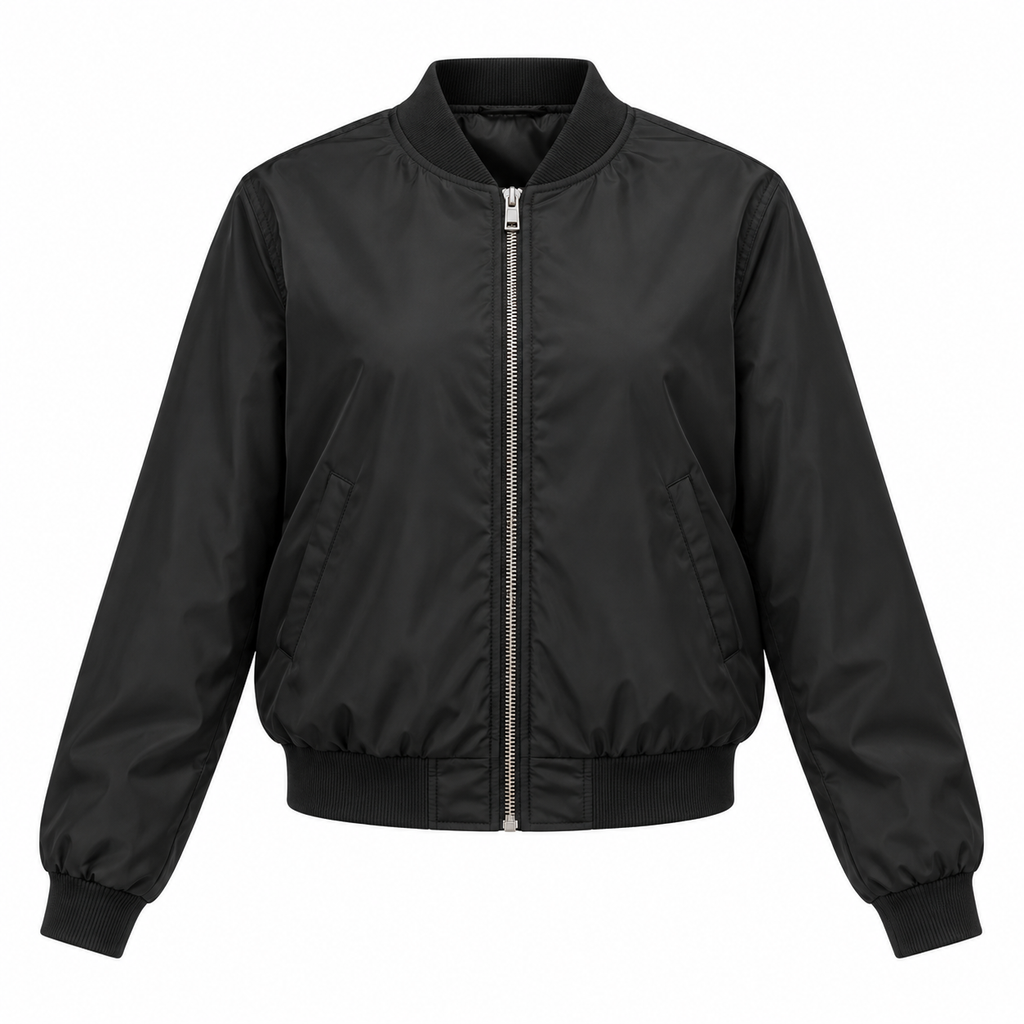 Black Nylon Zip Bomber Jacket - front view