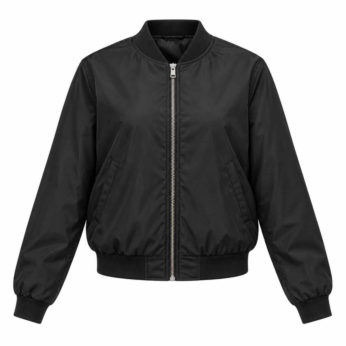 Black Nylon Zip Bomber Jacket - front view