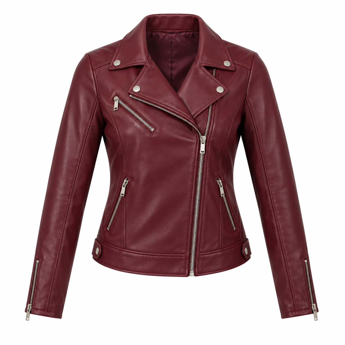 Burgundy Faux Leather Moto Jacket - front view