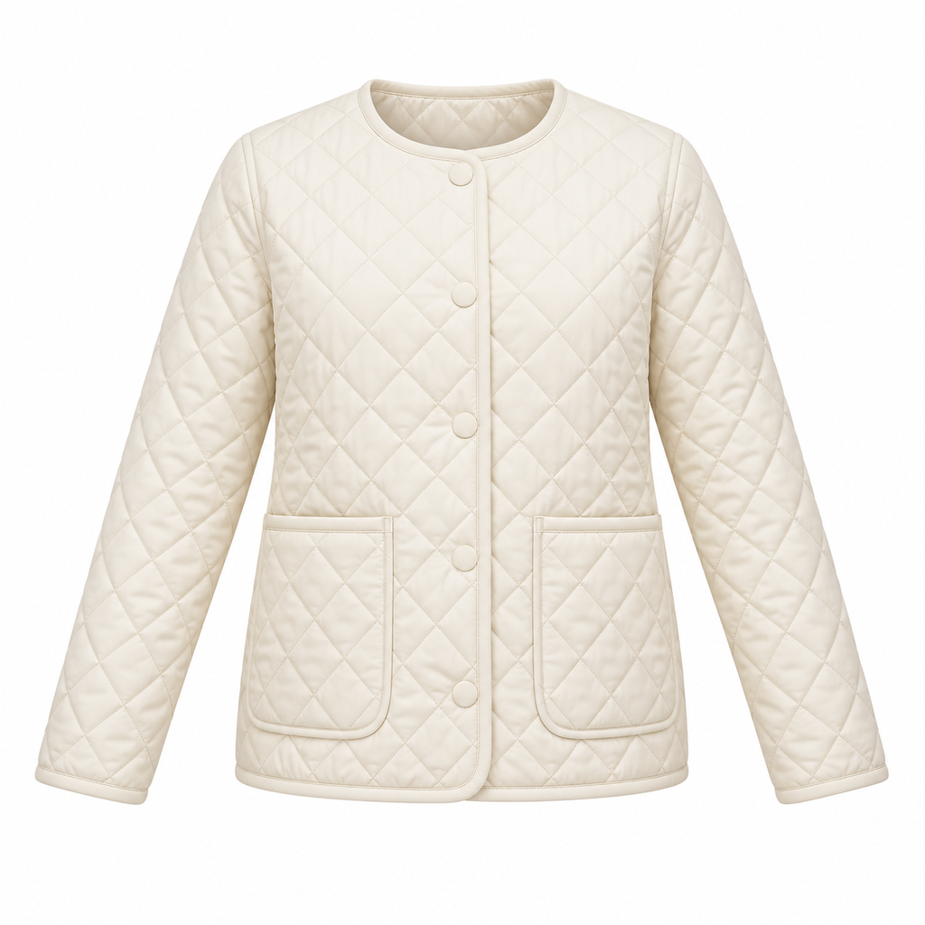 Cream Polyester Diamond Quilted Jacket - front view