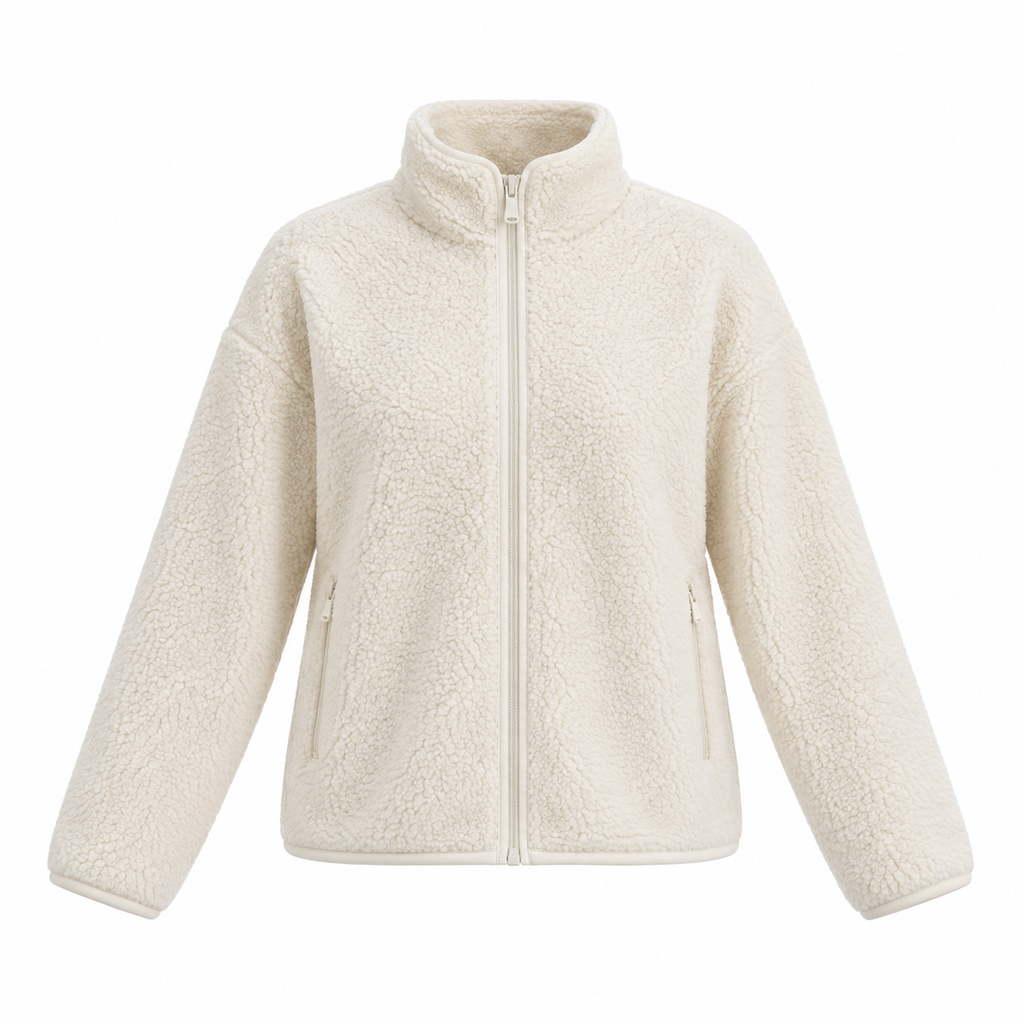 Ivory Polyester Sherpa Zip Jacket - front view